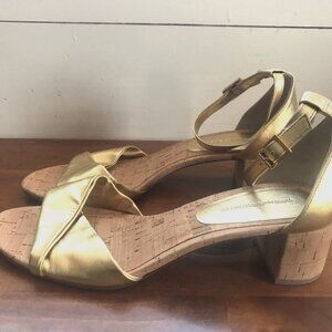Diane Von Furstenberg Metalic Gold Leather Sandals Block Cork Heel – Size 9.5
